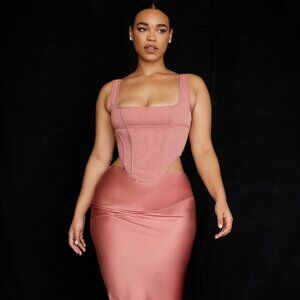 House of CB Set Edetta Rose Mesh Corset  & Colette Rose Satin Midi Skirt XSmall
